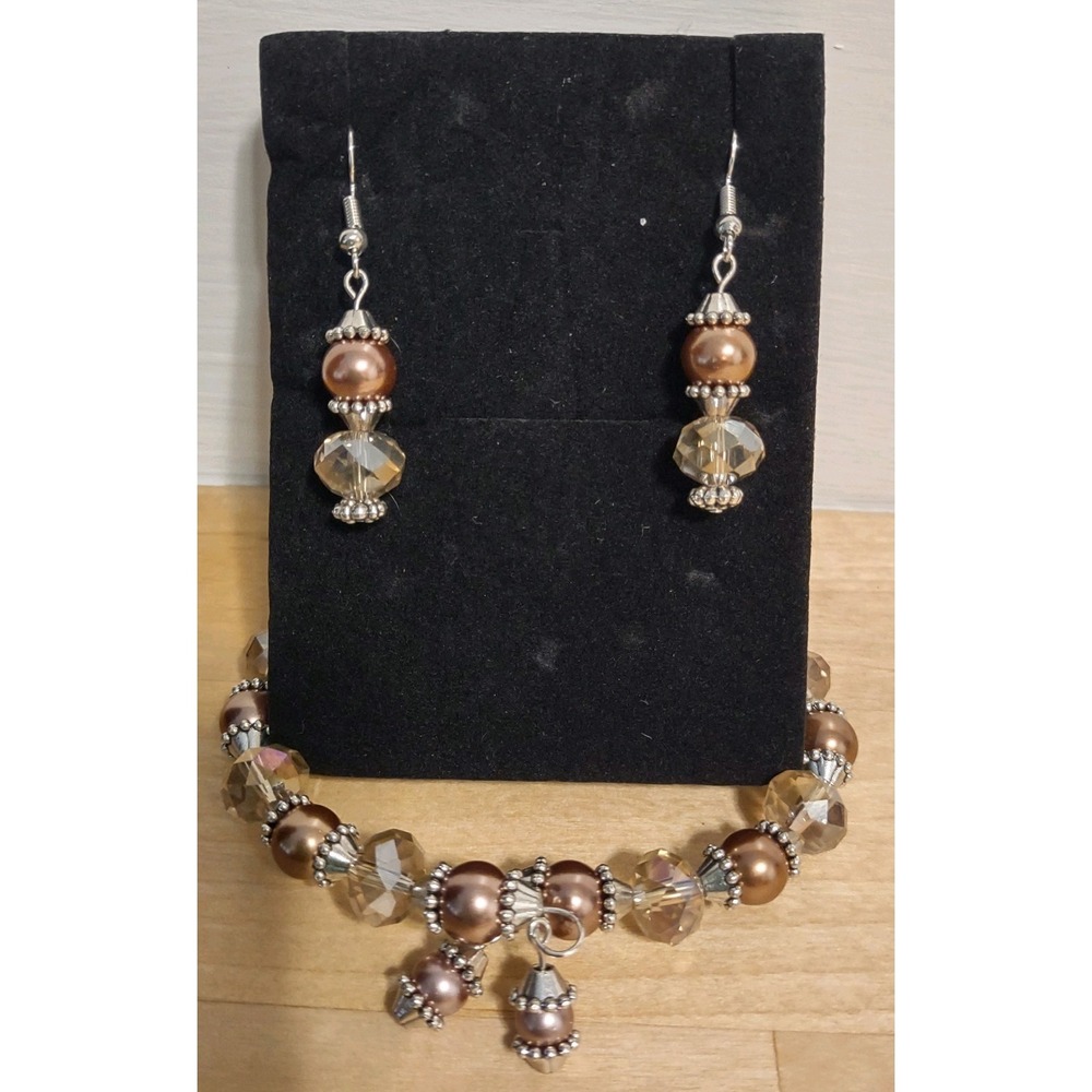 Elegant Bronze Pearl and Crystal Beaded Set Earrings & Memory Wire Bracelet